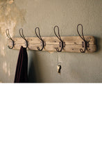 Load image into Gallery viewer, recycled wooden coat rack with five metal hooks