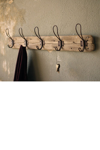 recycled wooden coat rack with five metal hooks