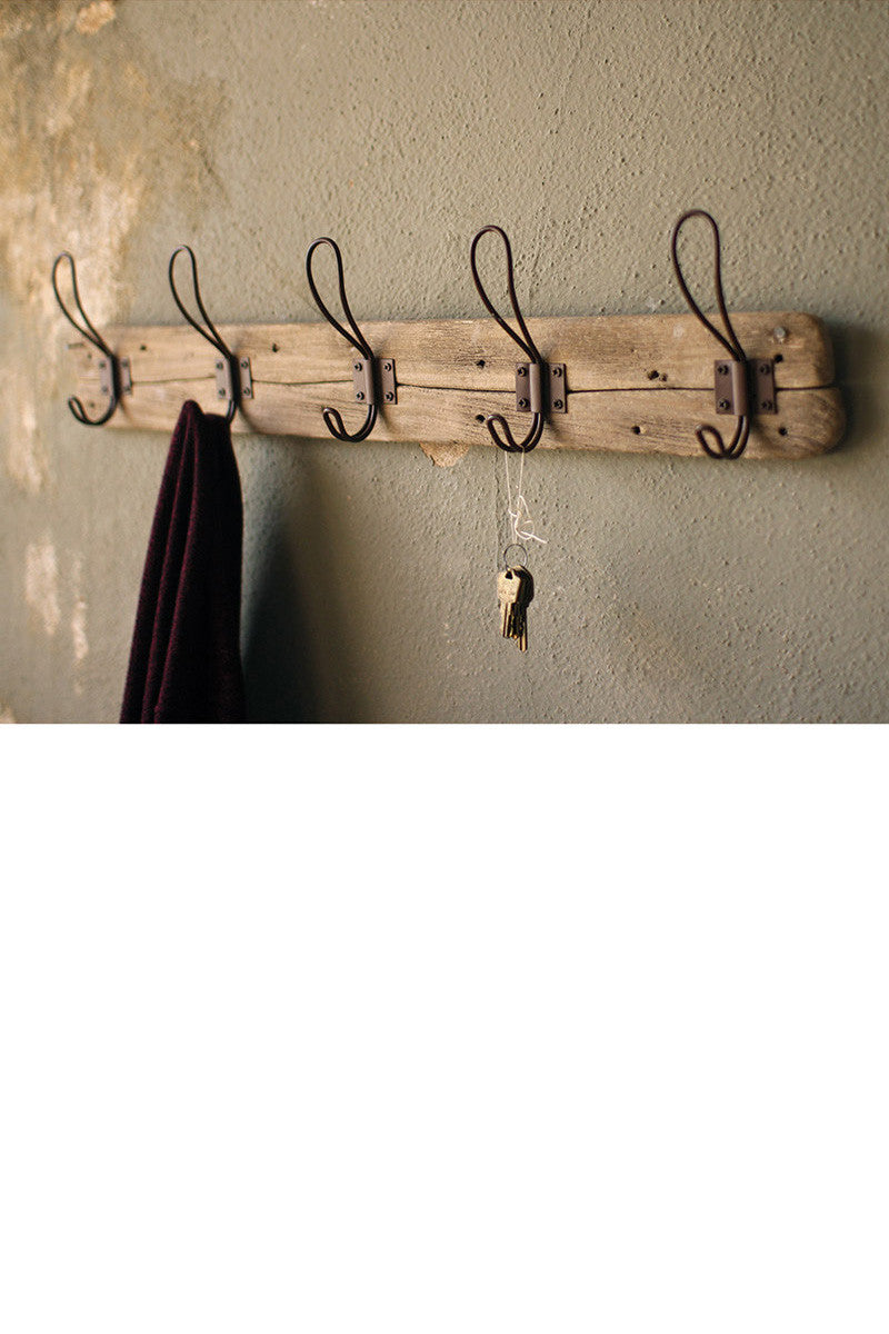 recycled wooden coat rack with five metal hooks