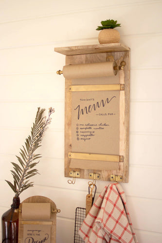 wooden wall note roll with coat hooks