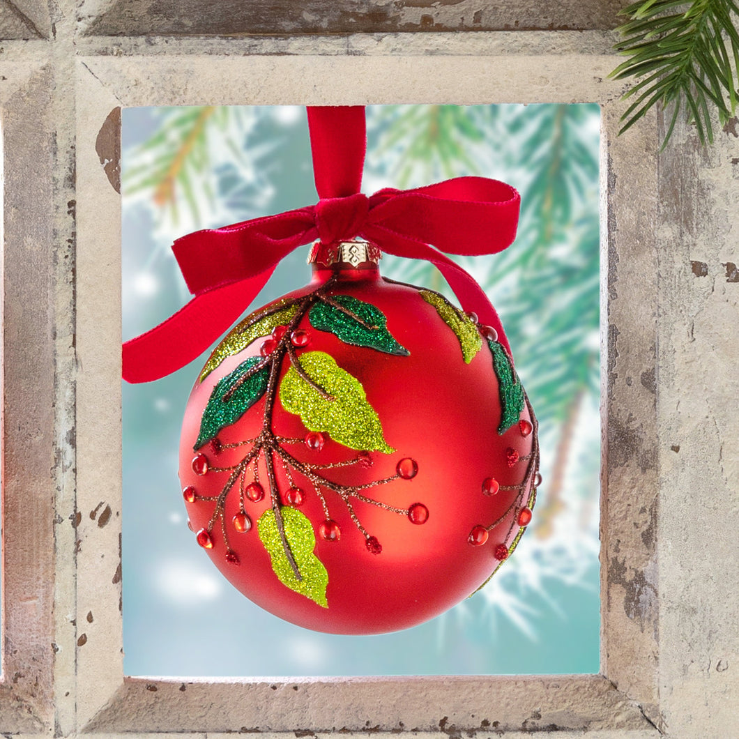 Beaded Vine Pattern Glass Ball Ornament