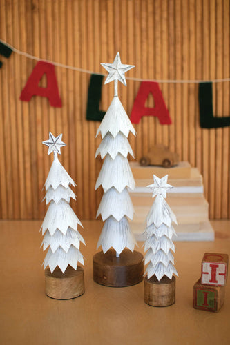 White-Washed Metal Christmas Tree with Wood Base