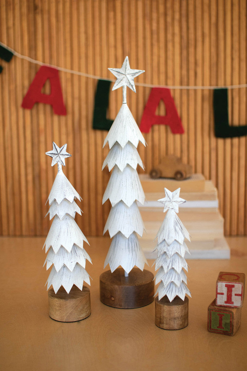 White-Washed Metal Christmas Tree with Wood Base