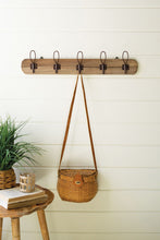 Load image into Gallery viewer, recycled wooden coat rack with five metal hooks