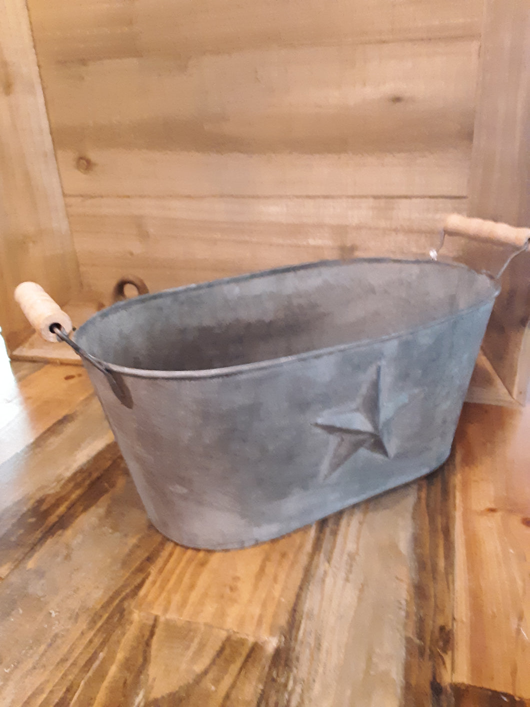 Oval Embossed tin with wood handles