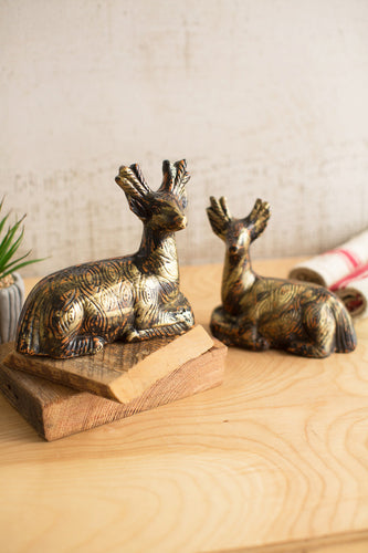 set of 2 clay deer with gold and copper accent