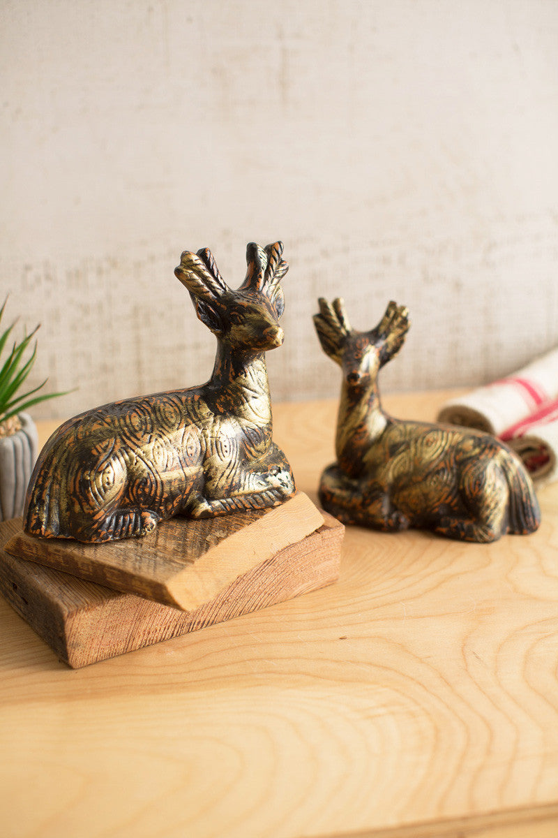 set of 2 clay deer with gold and copper accent