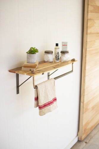 recycled wood and metal wall shelf with rope hanger