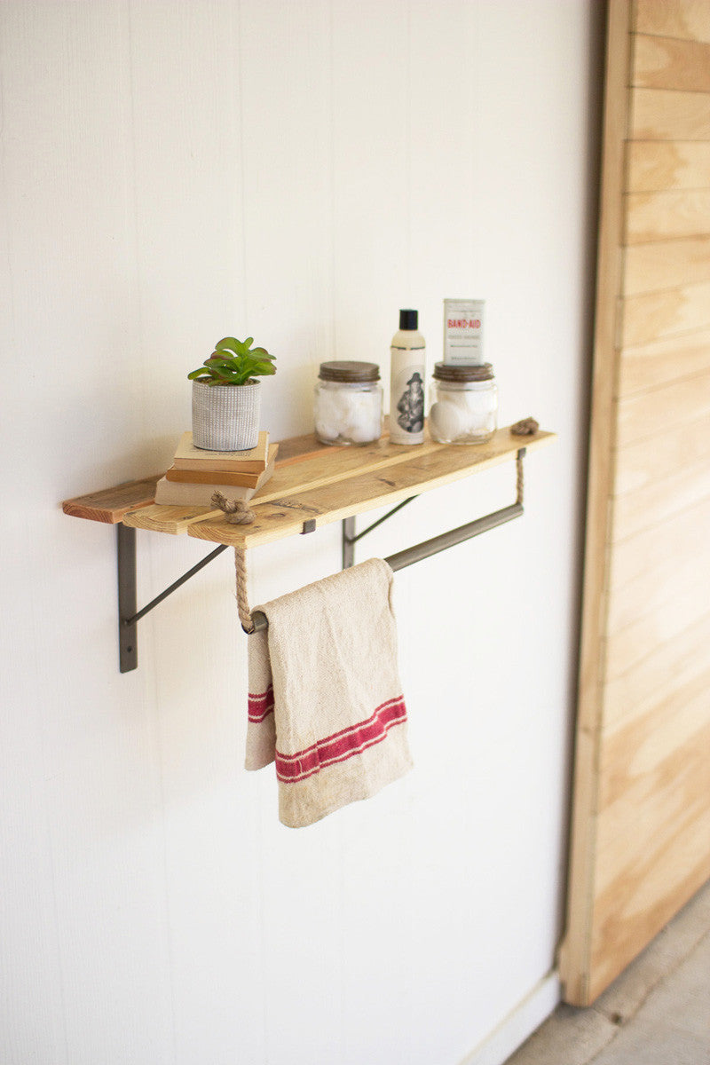 recycled wood and metal wall shelf with rope hanger