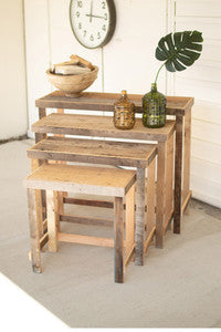 set of four rustic recycled wood console display tables