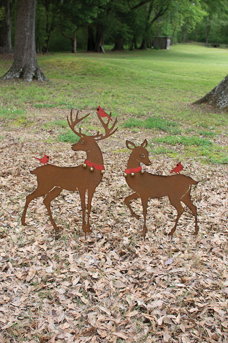 set of 2 rustic reindeer yard art with red birds