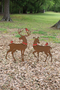 set of 2 rustic reindeer yard art with red birds