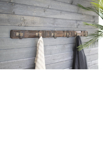 REPURPOSED WOODEN TRUCK RAILING COAT RACK WITH SIX HOOKS