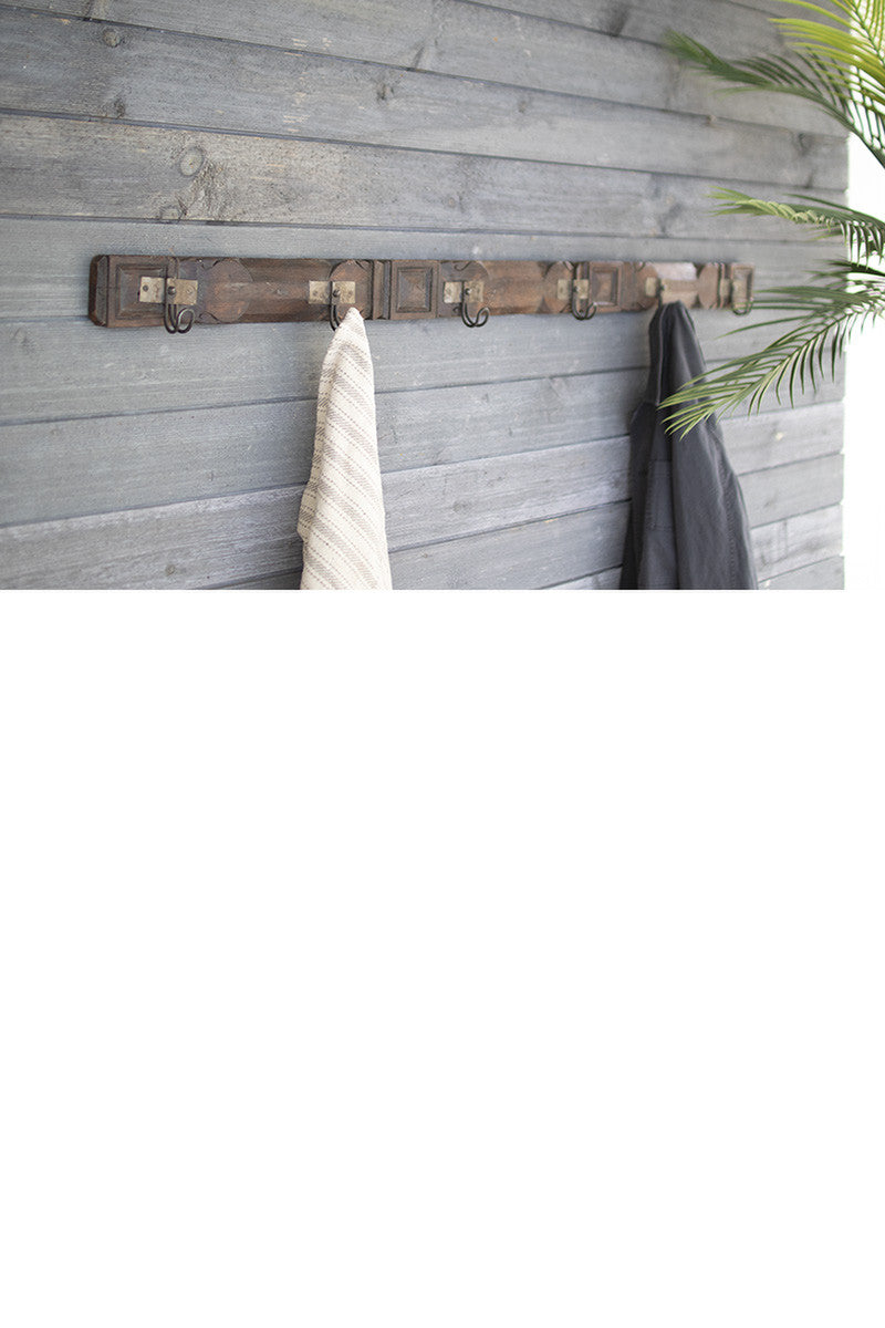 REPURPOSED WOODEN TRUCK RAILING COAT RACK WITH SIX HOOKS