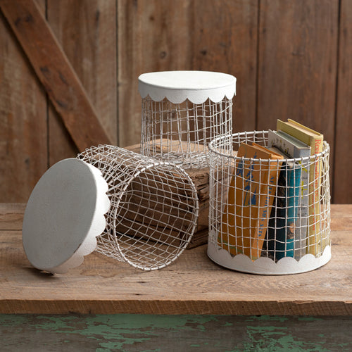 Set of Three Wire Boxes With Scalloped Metal Lids