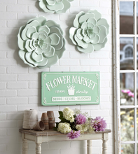 Load image into Gallery viewer, Mint &amp; White Enamel "Flower Market" Wall Decor